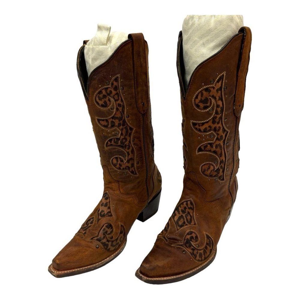 Jb Dillon leopard print Women’s western cowboy boots brown and black.